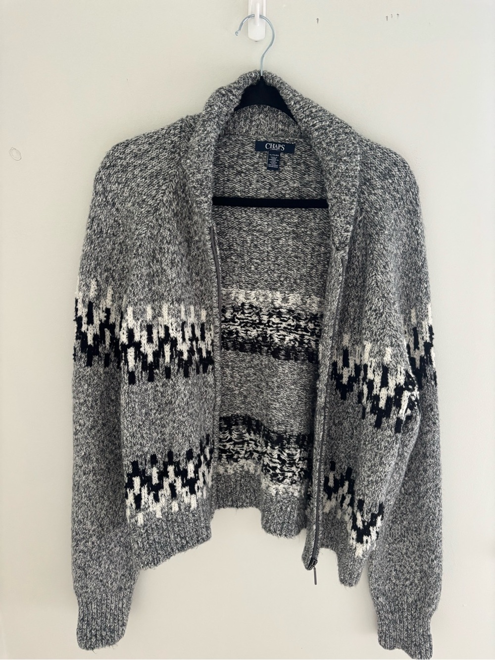 Chaps Grey Fair Isle Full-Zip Knit Cardigan Sweater - Picture 2 of 7